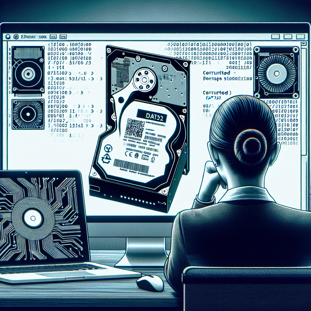 "Step-by-step illustration of recovering files from a corrupted FAT32 drive using data recovery software, showcasing the process on a computer screen with a damaged USB drive in the foreground."